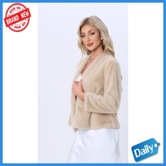 Faux Fur Overcoat Long Sleeve Open Front Loose Fit Party Winter Coat - Picture 6 of 6